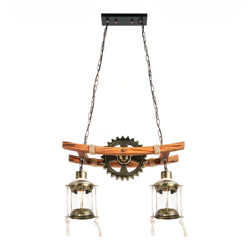 suspension-bois-reglable-de-style-industriel-et-retro-3 Industrial pendant with wood beams, chains, a gear wheel, and two lantern shades