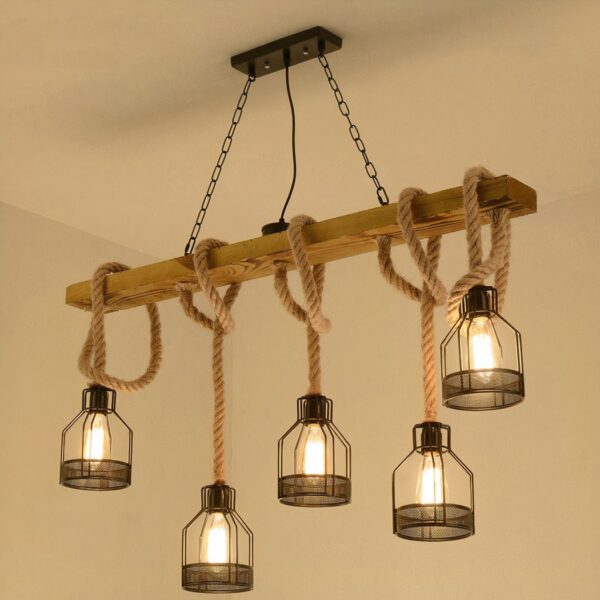 Wood beam pendant light wrapped in rope with five wire cage lanterns