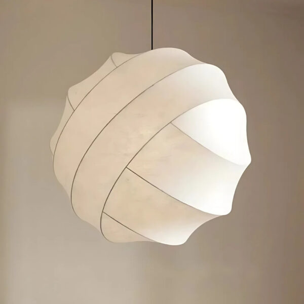 Round paper style pendant lamp with wavy folded texture, glowing softly
