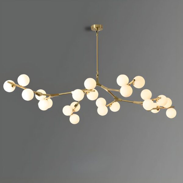 Gold branch chandelier with numerous white glass globes