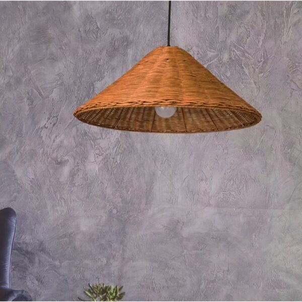 Vintage style brown wicker pendant light Woven rattan pendant light shaped like a wide cone hat