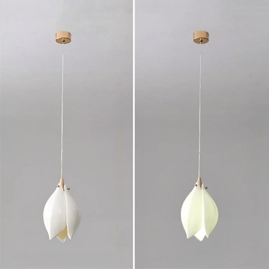 Side by side white and pale yellow magnolia petal pendants on wood ceiling caps