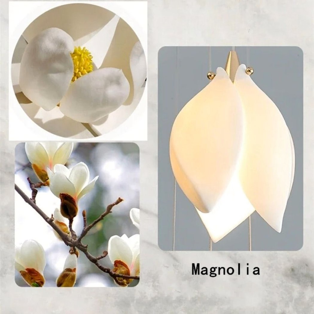 Collage of real magnolia flowers beside the ceramic petal pendant with its name label