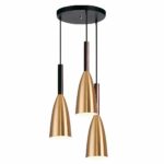 Three gold conical pendant lights at staggered heights on a round base