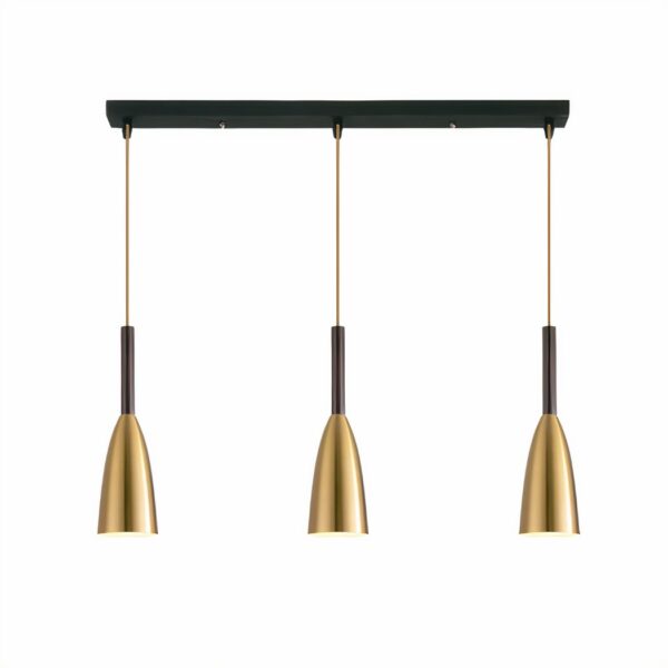 Chandelier with 3 height-adjustable pendants Three gold conical pendant lights at even heights on a black bar