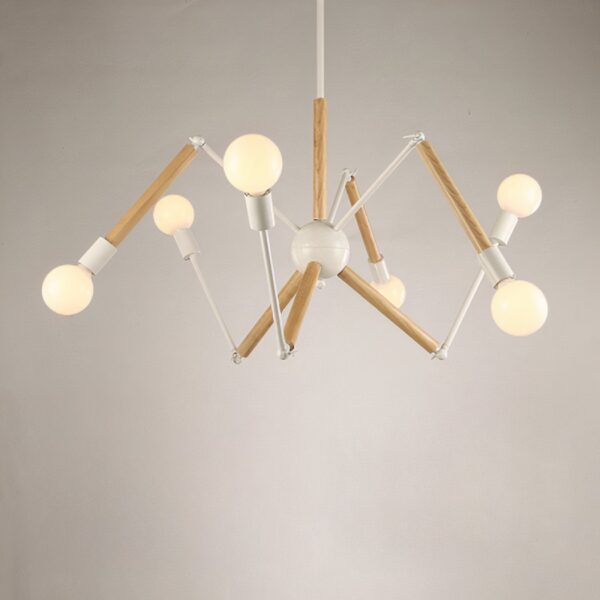 White branching spider chandelier with wooden joints and round bulbs