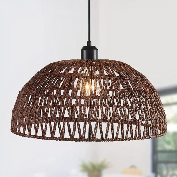 Woven dark rope dome pendant light with an open lattice weave