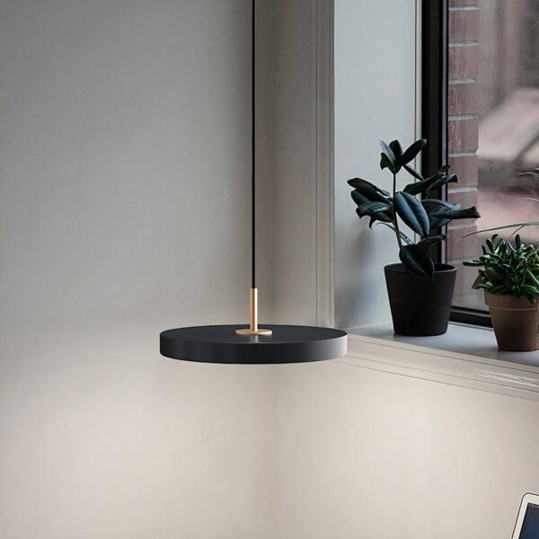 Black disc pendant light on a brass rod hanging near a window