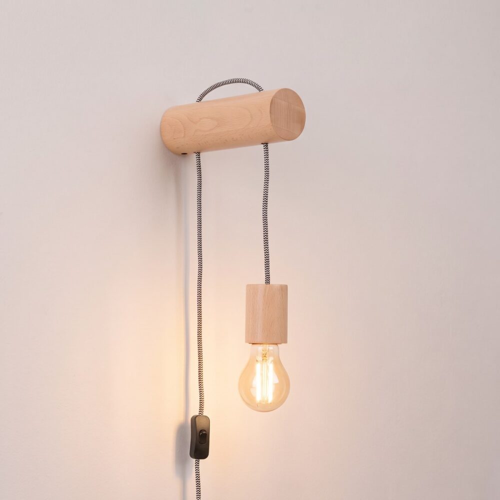 Minimalist natural wood wall light with switch