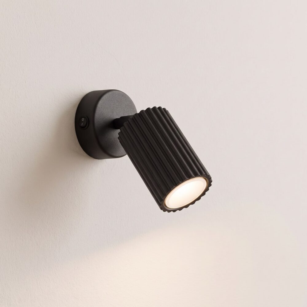 Black ribbed adjustable spotlight wall light with switch