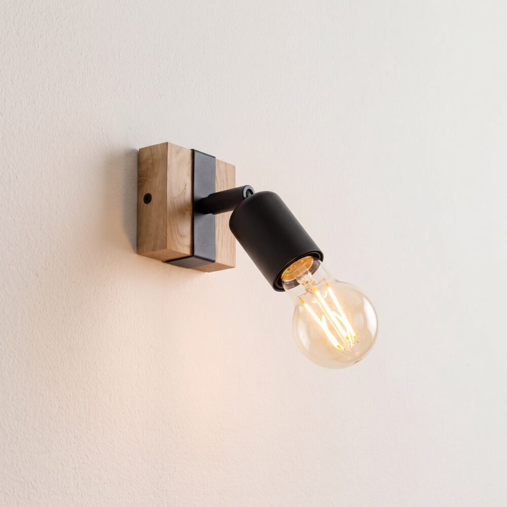 Industrial-style spotlight wall light in natural wood and metal