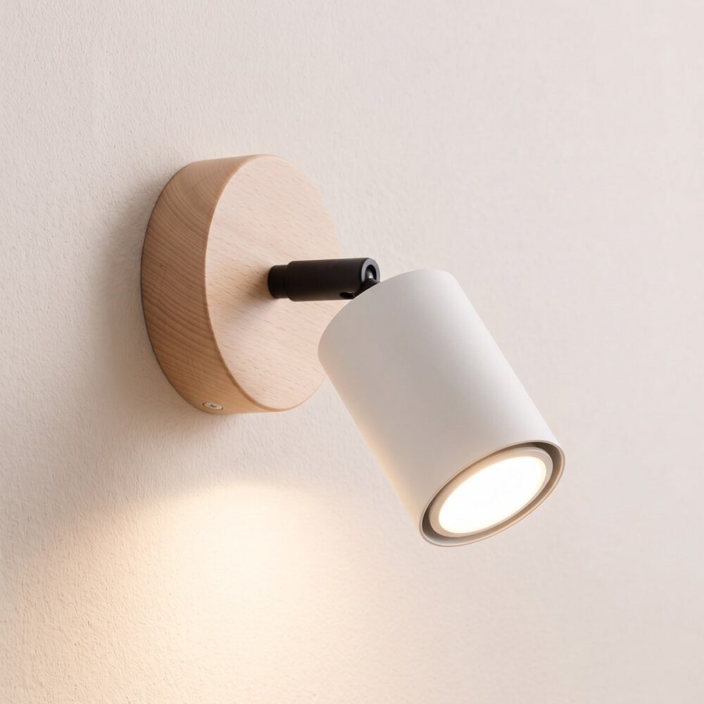 Loft-style spotlight wall light in natural wood and metal