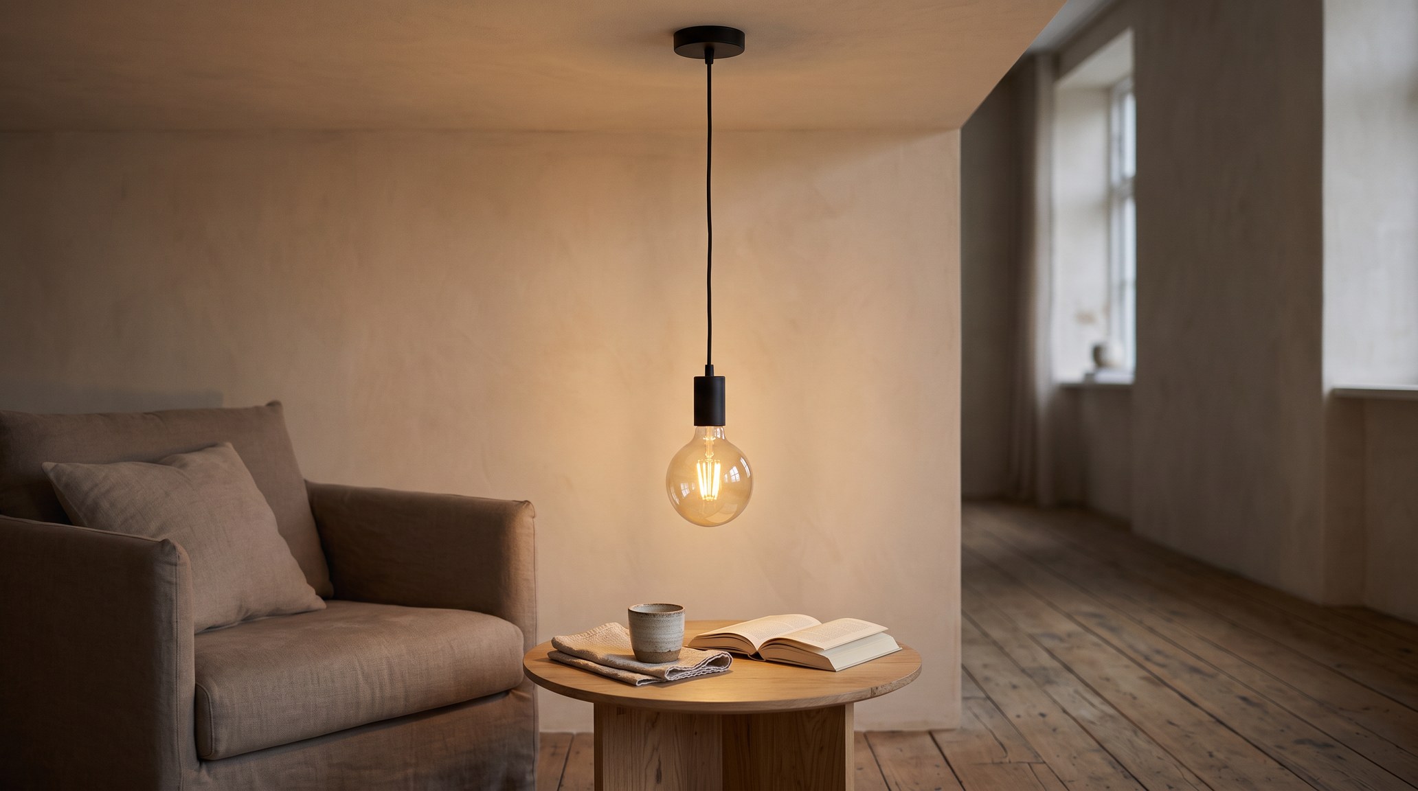 Minimalist pendant on a black cord with a lit amber filament globe bulb above a small round oak table, next to a taupe linen armchair