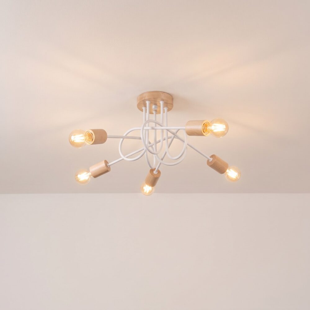 Scandinavian white metal and wood ceiling light