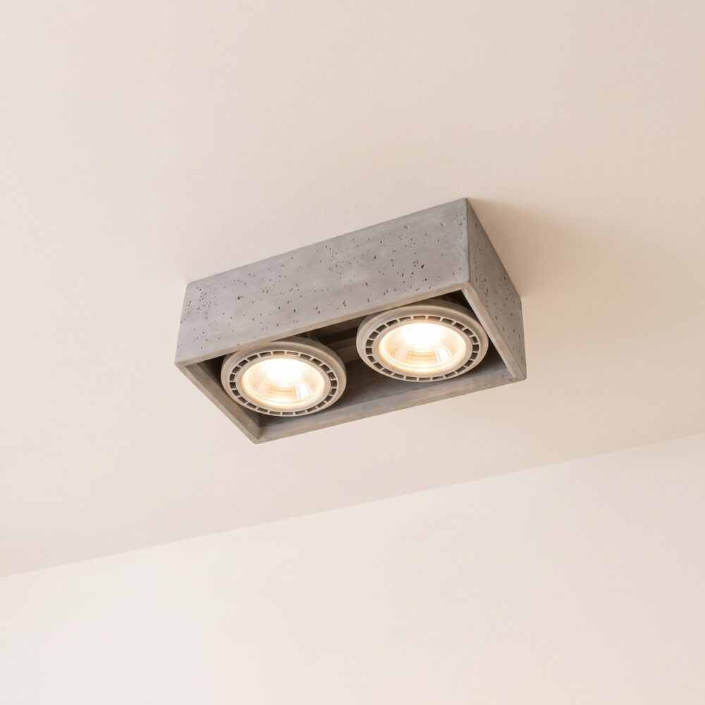 Rectangular raw grey concrete twin spot ceiling light