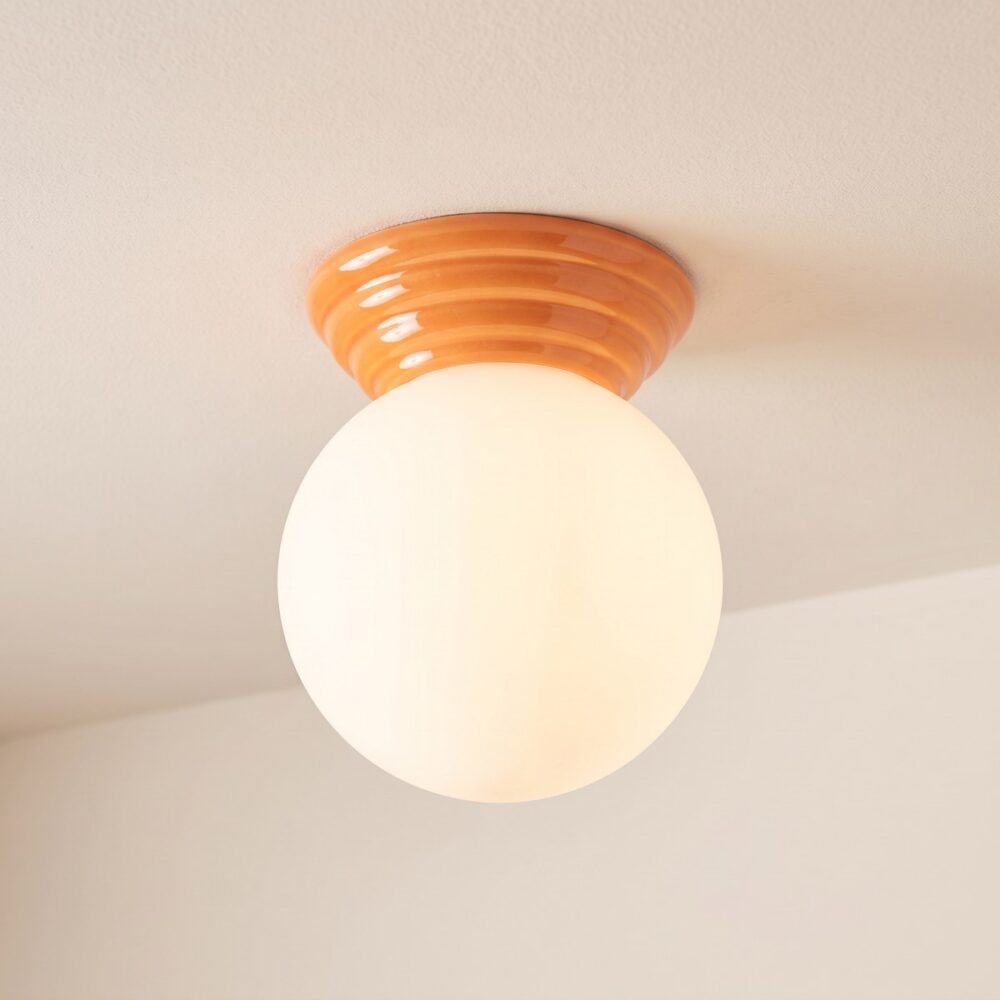 Designer ceramic globe ceiling light, opal glass and colour