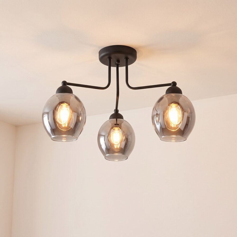 Chic smoked glass ceiling chandelier, black metal