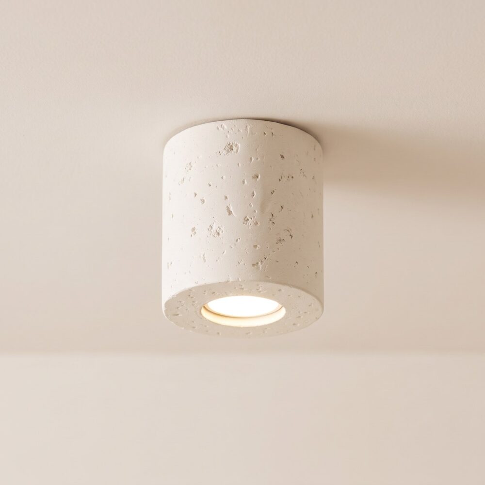 Modern cylindrical concrete ceiling light in beige or green