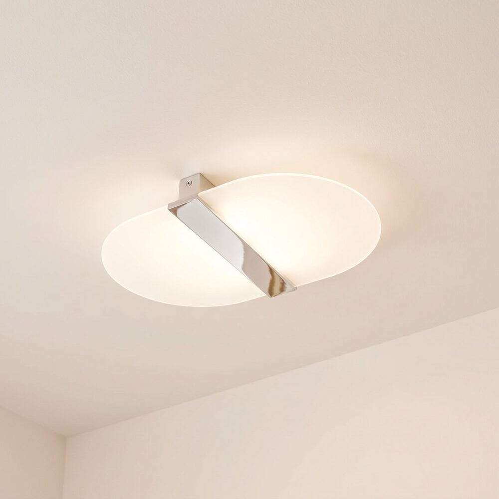 Modern oval ceiling light in white glass and chrome steel