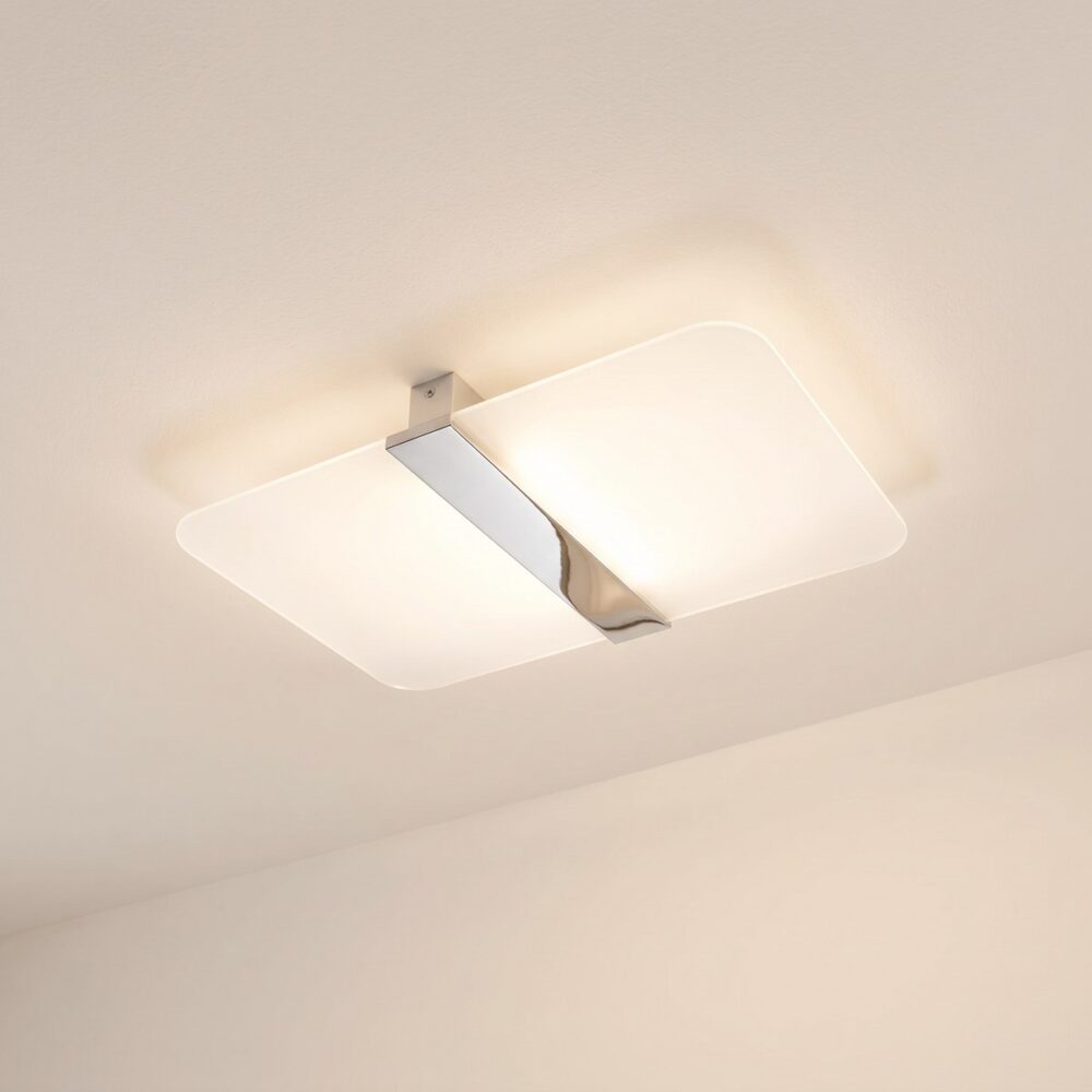 Rectangular ceiling light in frosted glass and chrome steel