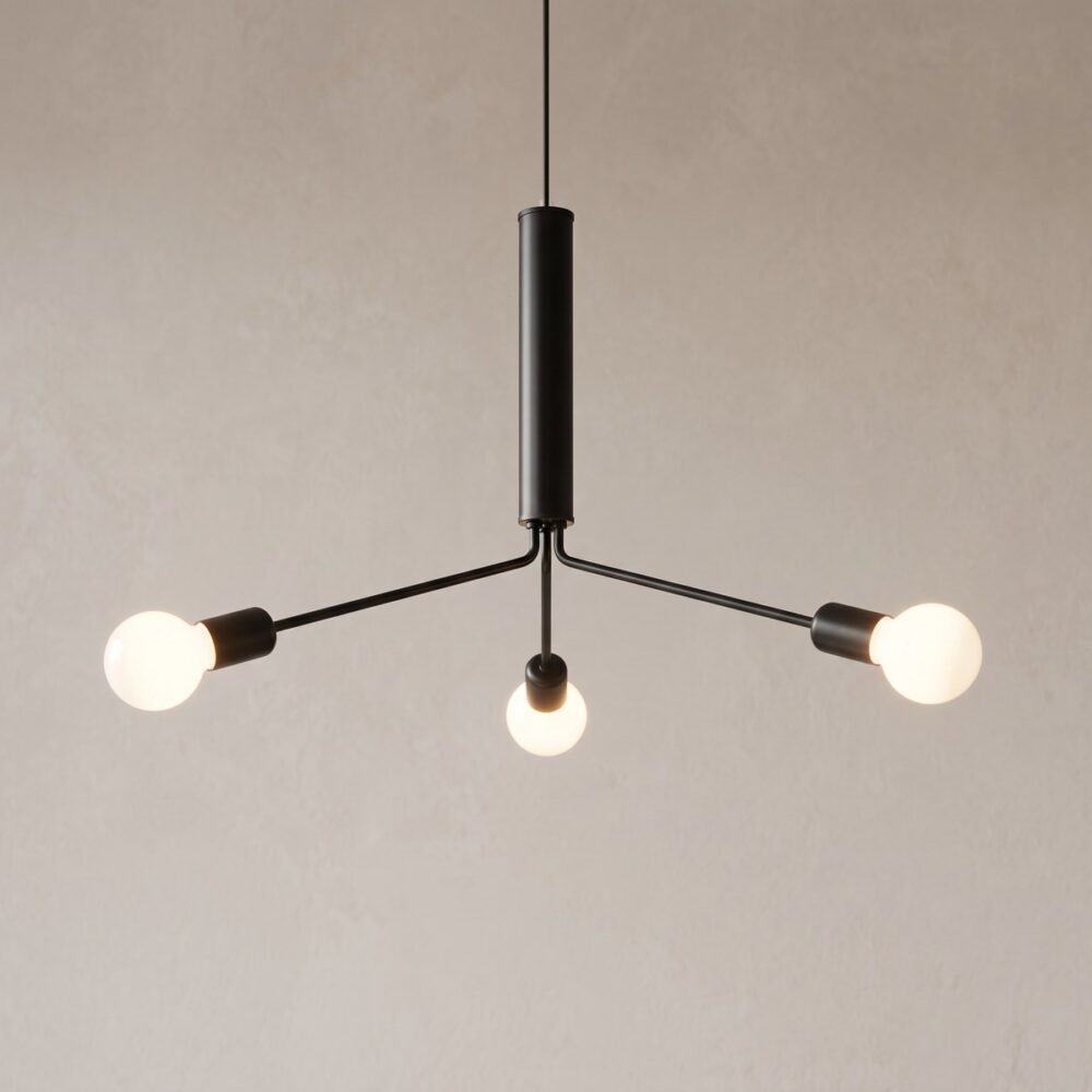 Tripod chandelier with 3 bulbs in black metal