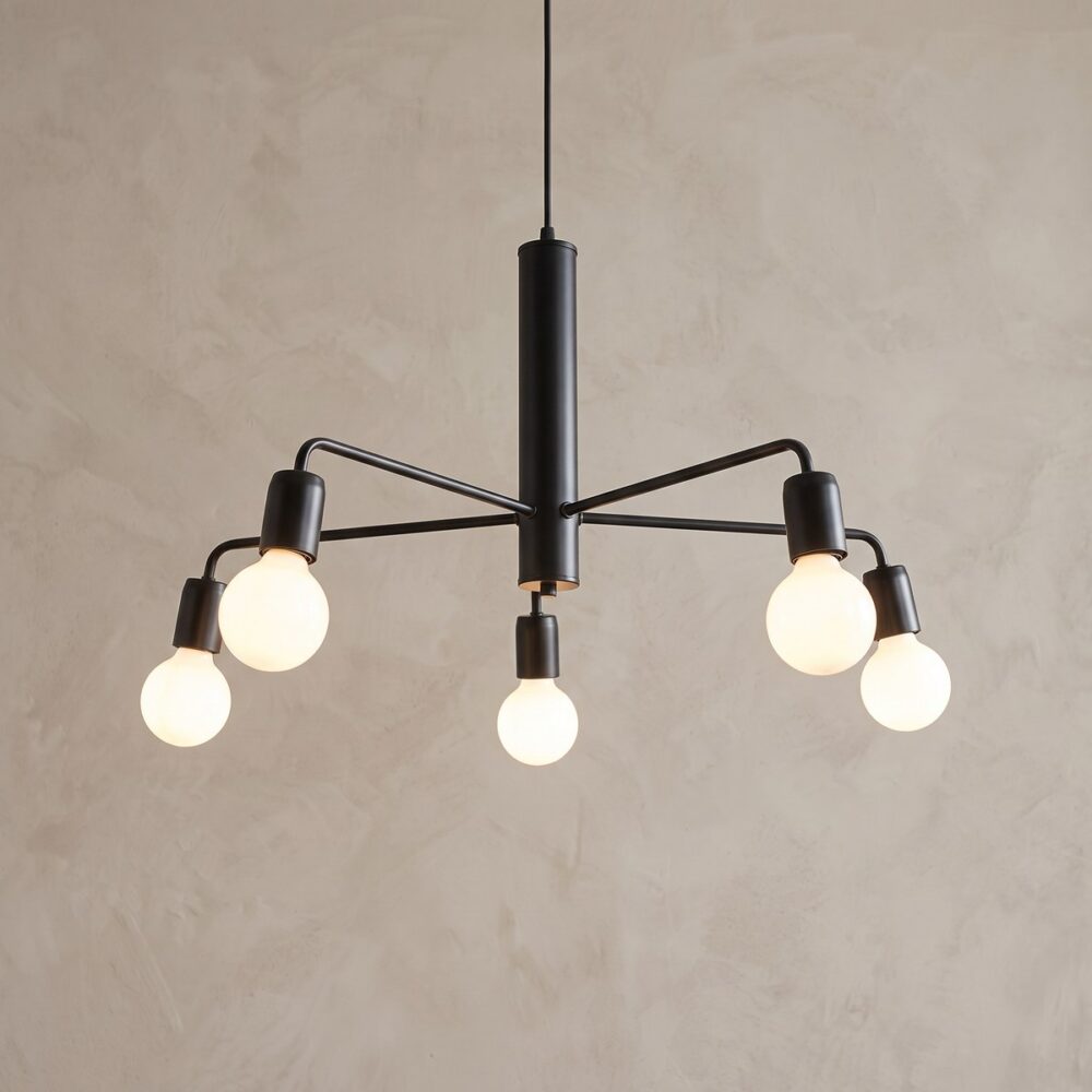 Chandelier with 5 bulbs on a black metal rod