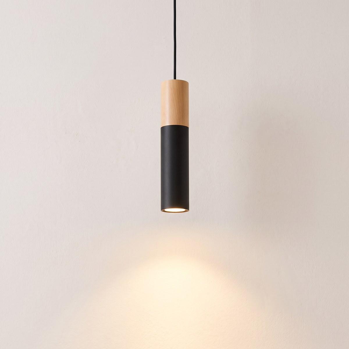Pendant light, wood and black metal tube Wood and black metal tube pendant light