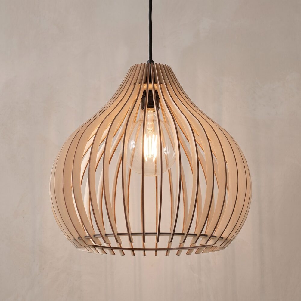 Drop-shaped natural wood slat pendant light
