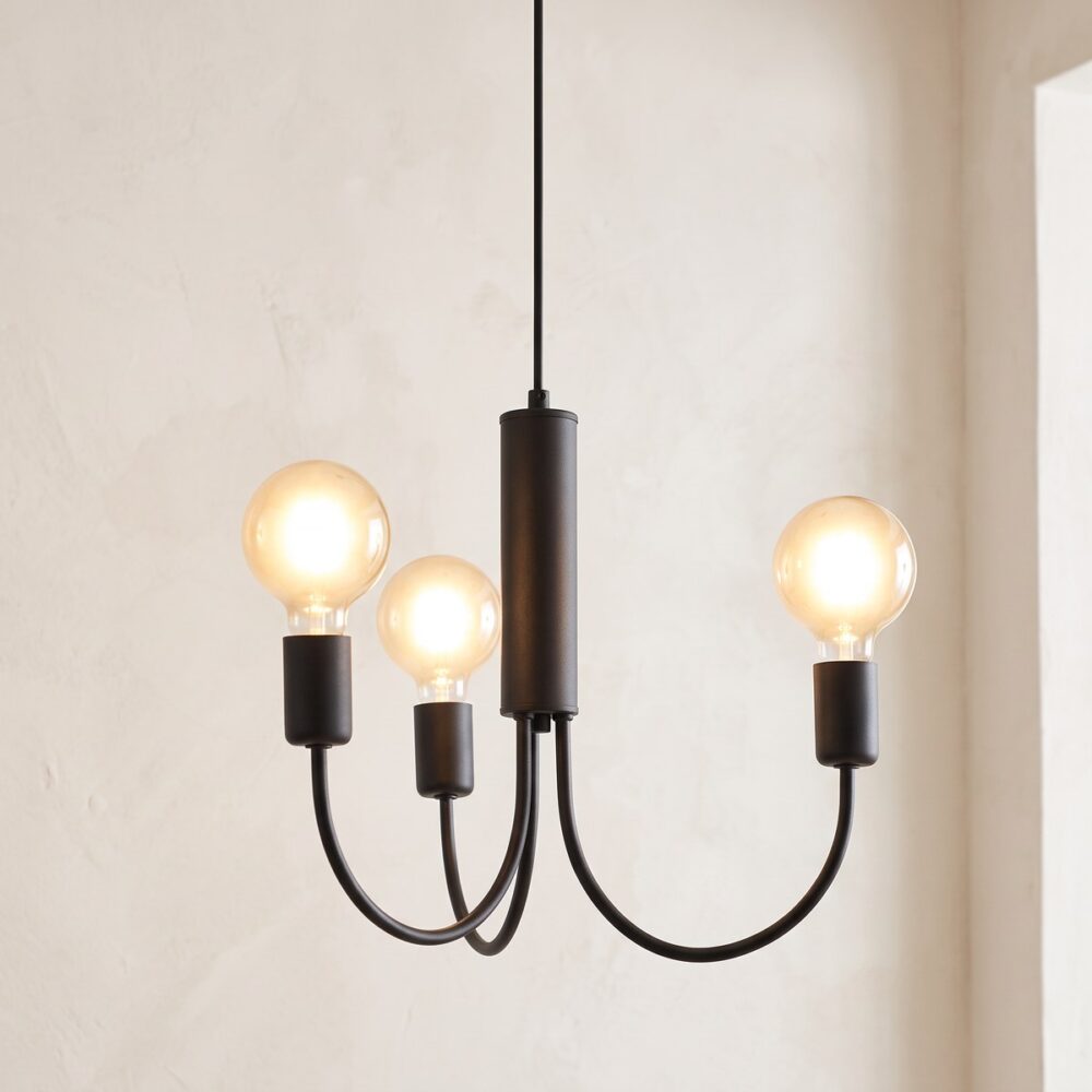 3-arm curved black steel chandelier with globe bulbs