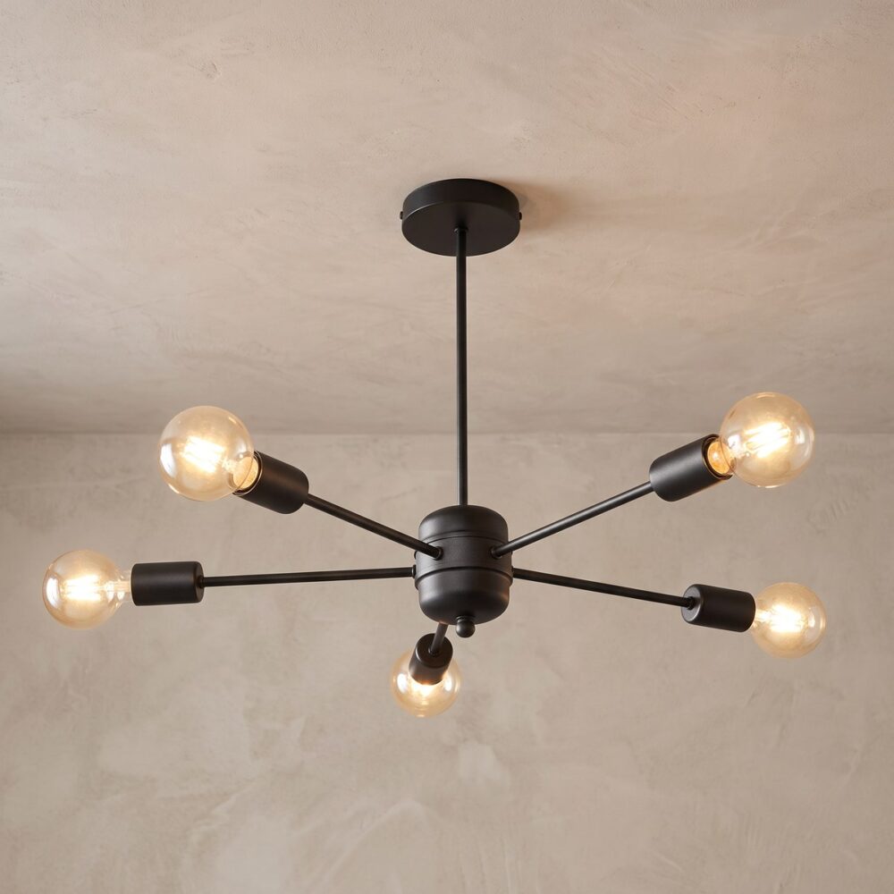 Sputnik chandelier with 5 bulbs in black metal