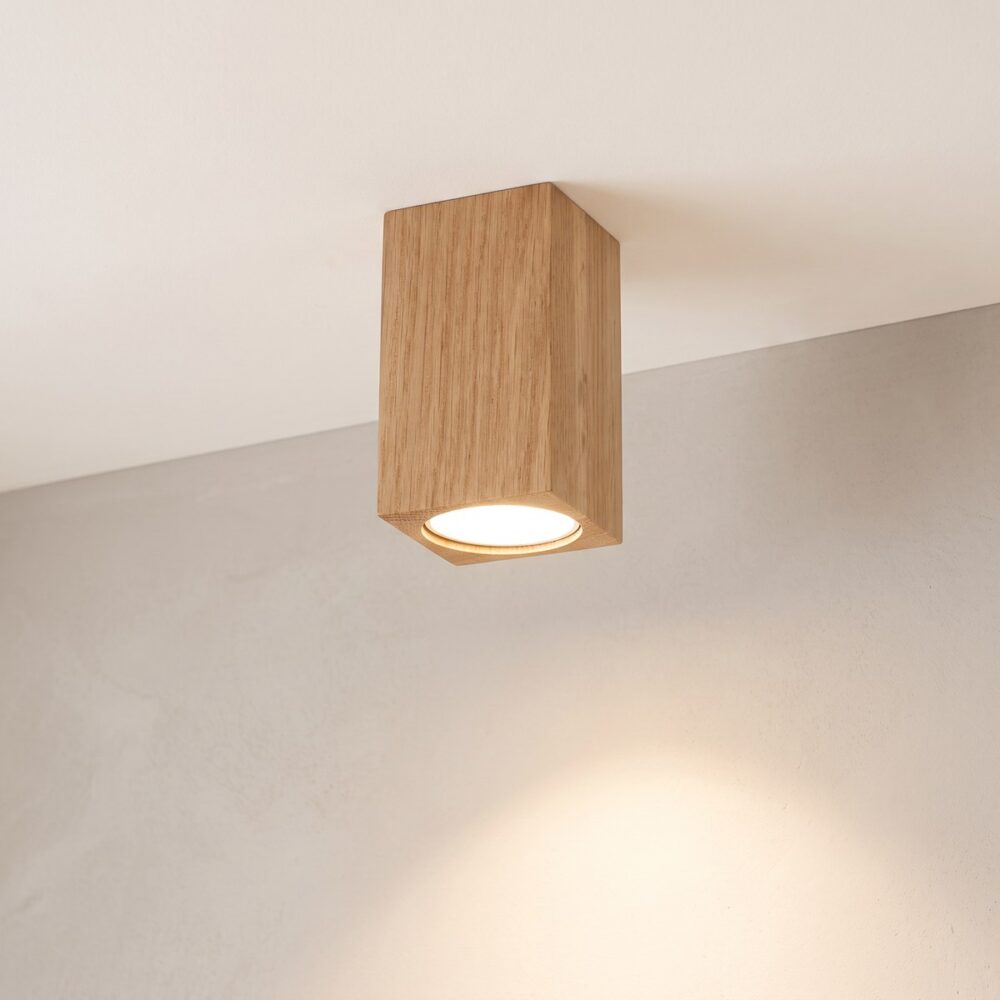 Square solid oak ceiling spotlight, 10 cm