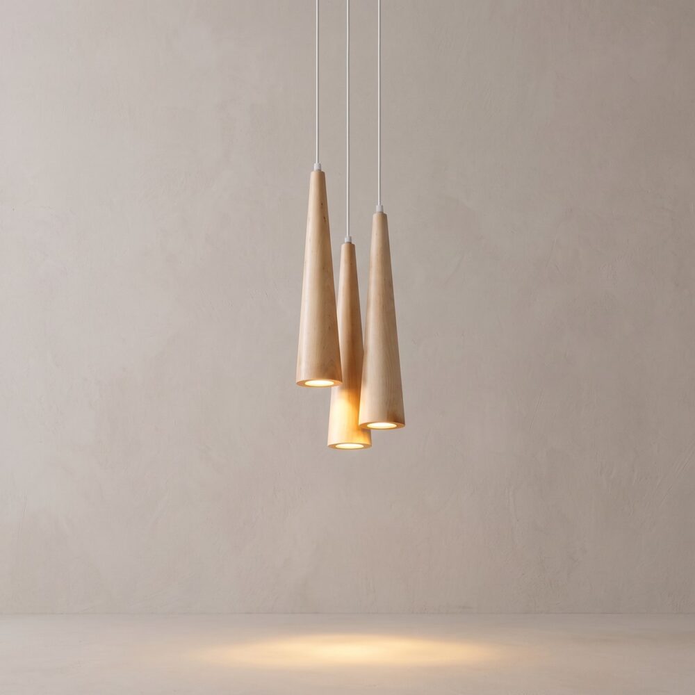 Cluster pendant light with 3 natural wood cones