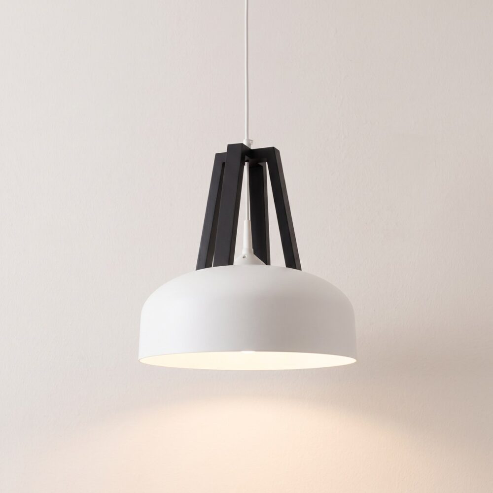 Scandinavian pendant light in steel and wood, black and white dome