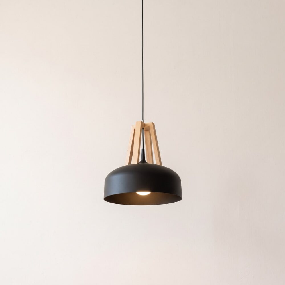 Black pendant light in metal and natural wood, Scandinavian dome