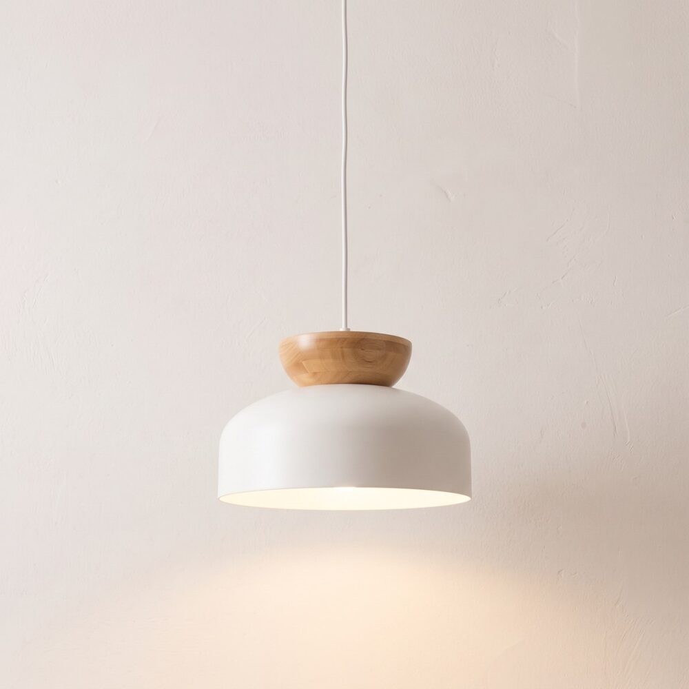 Rounded Scandinavian pendant light in metal and wood
