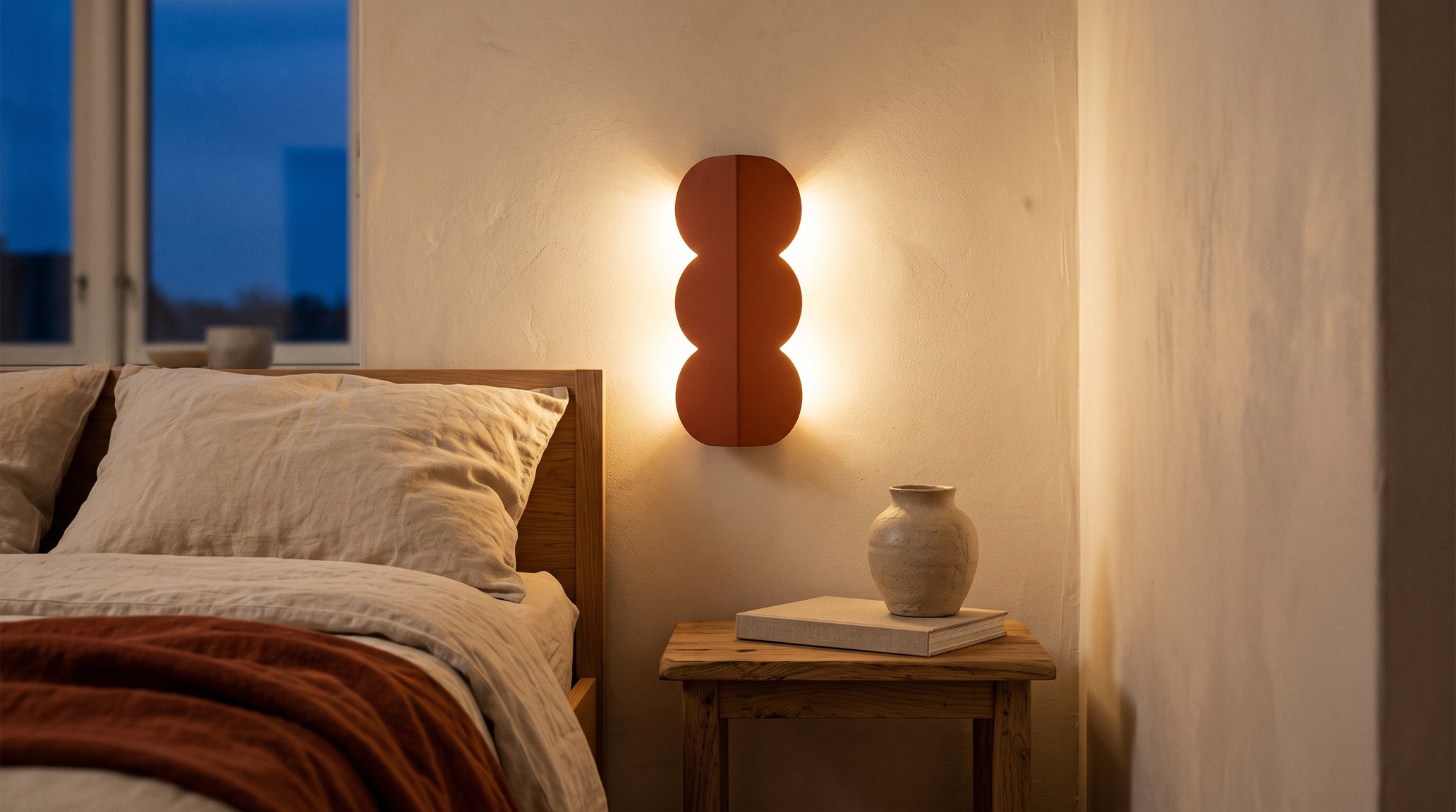 Terracotta bedroom in the evening, with a biscuit-shaped terracotta aluminium wall light glowing above a wooden bedside table, sand linen bedding and a rust throw