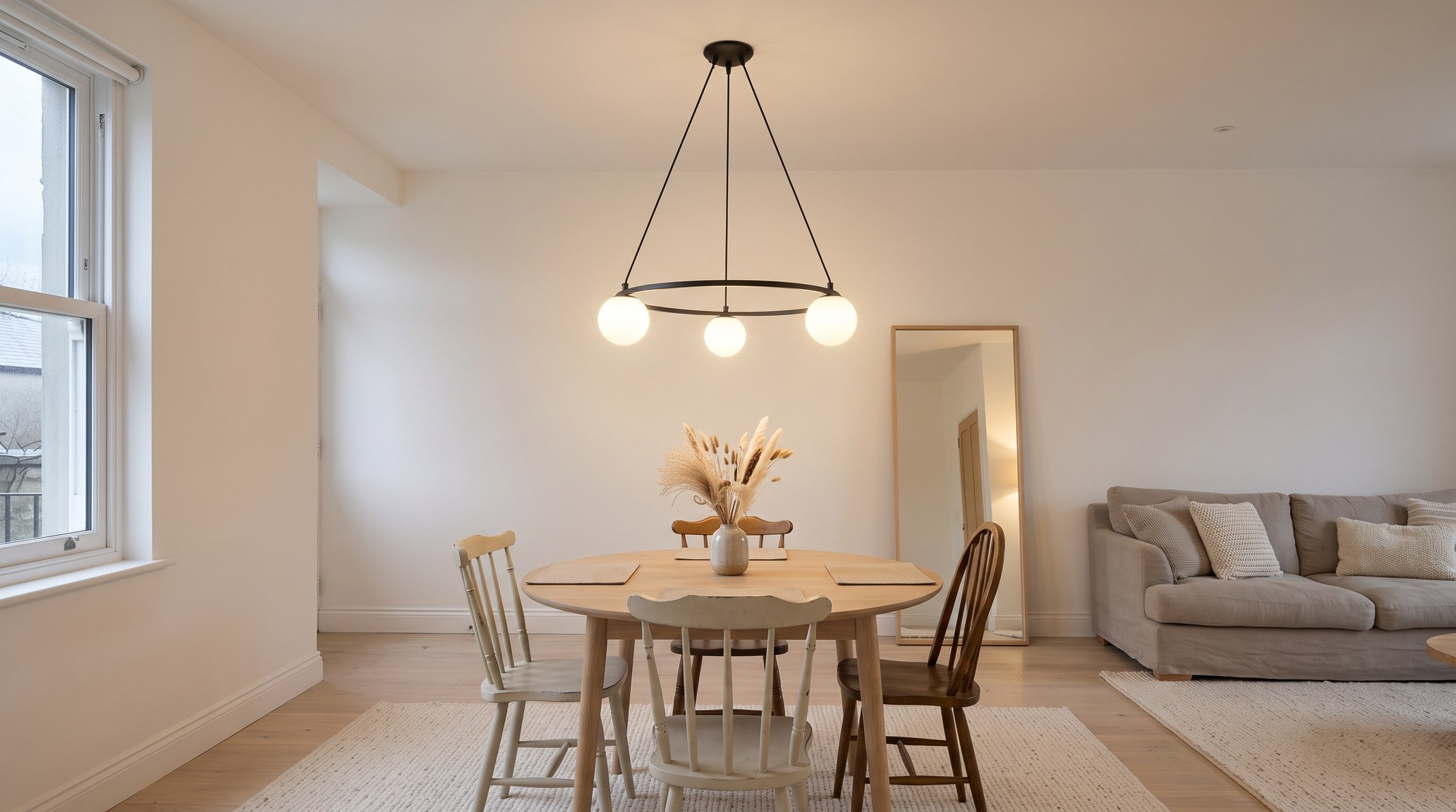 Living and dining room with off-white walls at dusk, a black ring pendant with three opal glass globes lit in warm white above a round pale oak table, a tall oak-framed mirror and a light taupe linen sofa